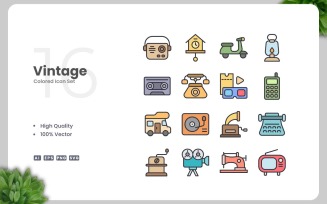 16 Vintage Colored Icons Set