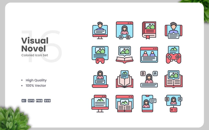 16 Visual Novel Colored Icons Set Icon Set