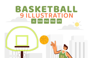 9 Playing Basketball Vector Illustration