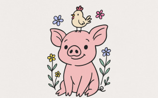 Adorable Pig and Chick PNG, Funny Vintage Farm Clipart, Country Animal Sublimation Design, Cute