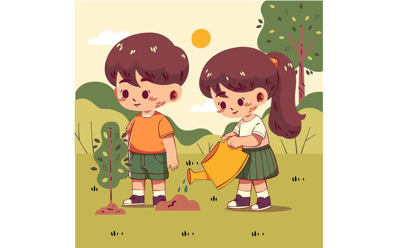 Children Watering Plants Together Illustration