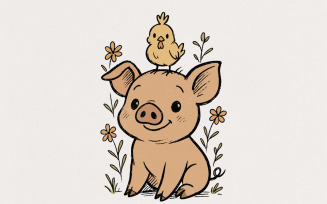 Cute Pig with Chick on Head PNG, Funny Farm Animal Sublimation, Vintage Piglet Art, Country Chick