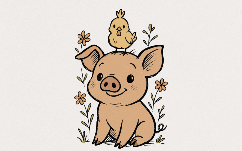 Cute Pig with Chick on Head PNG, Funny Farm Animal Sublimation, Vintage Piglet Art, Country Chick Illustration