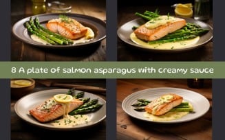 A plate of salmon asparagus with creamy sauce