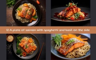 A plate of salmon with spaghetti and basil on the side