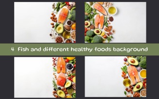 Fish and different healthy foods background