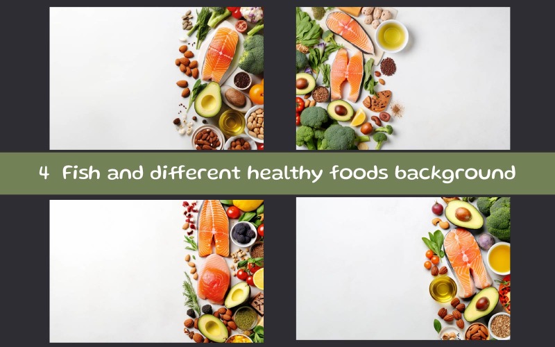 Fish and different healthy foods background Background