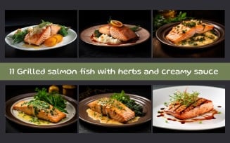 Grilled salmon fish with herbs and creamy sauce