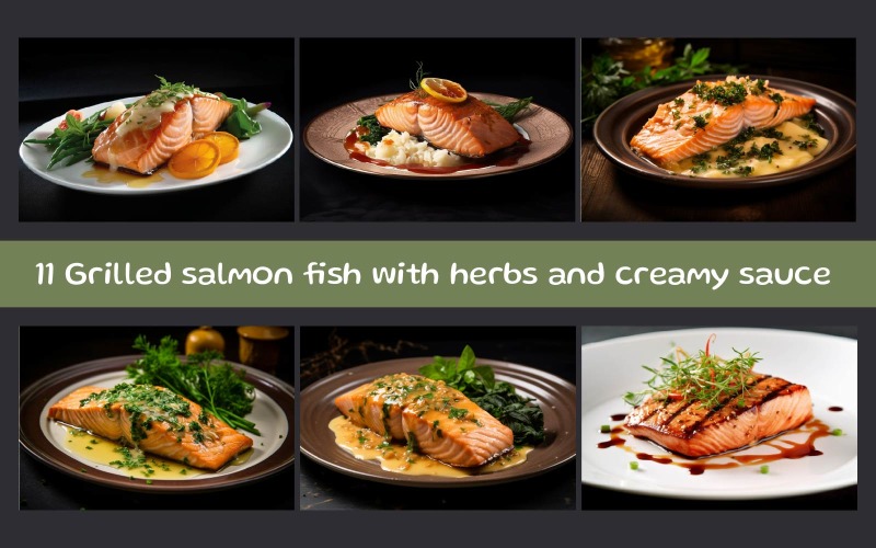 Grilled salmon fish with herbs and creamy sauce Background