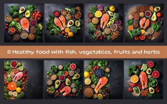 Healthy food with fish, vegetables, fruits and other ingredients