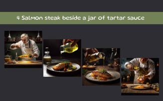 Salmon steak beside a jar of tartar sauce