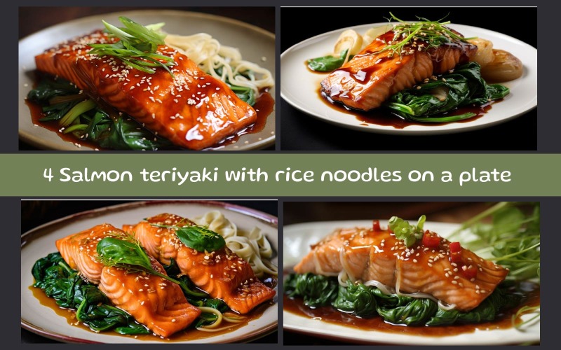 Salmon teriyaki with rice noodles on a plate Background