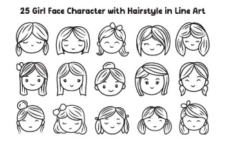 25 Girl Face Character with Hairstyle in Line Art