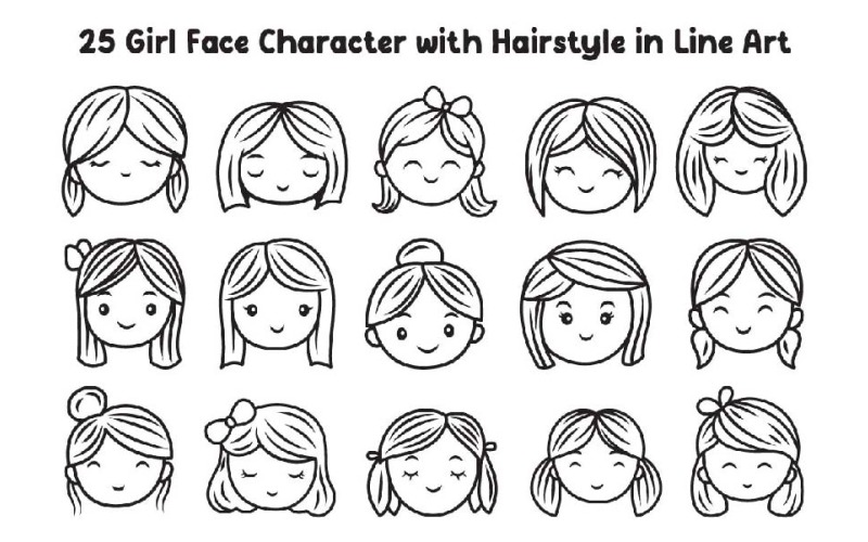 25 Girl Face Character with Hairstyle in Line Art Illustration