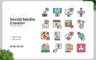 16 Social Media Creator Colored Icons Set