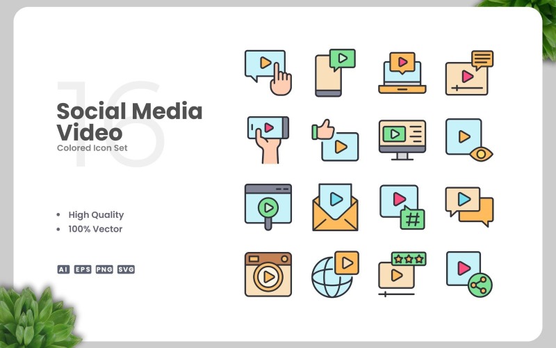 16 Social Media Video Colored Icons Set Icon Set