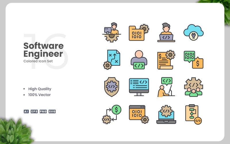 16 Software Engineer Colored Icons Set Icon Set