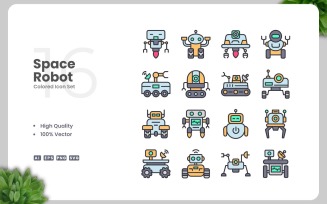 16 Space Robot Colored Icons Set