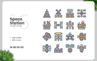 16 Space Station Colored Icons Set