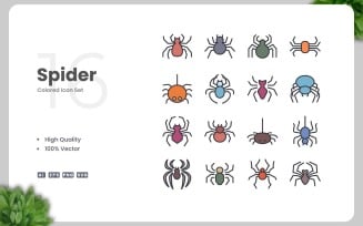 16 Spider Colored Icons Set