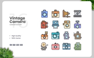 16 Vintage Camera Colored Icons Set