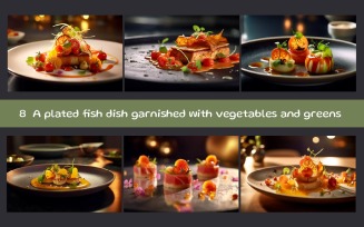 A beautifully plated fish dish garnished with vegetables and greens
