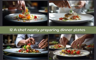 A chef neatly preparing dinner plates