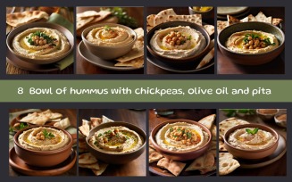 Bowl of hummus with chickpeas, olive oil and pita