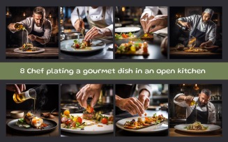 Chef plating a gourmet dish in an open kitchen