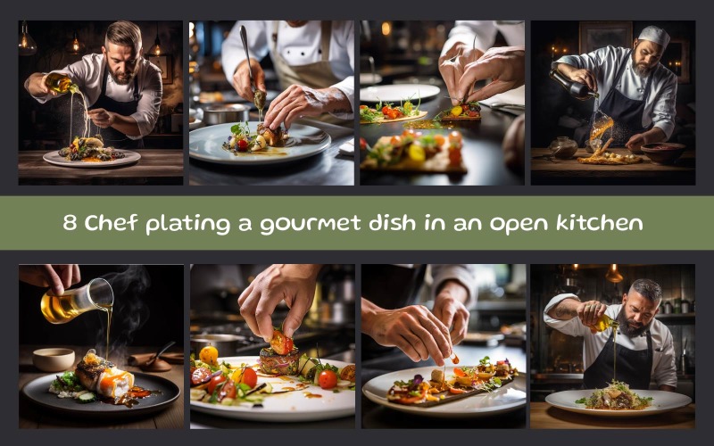 Chef plating a gourmet dish in an open kitchen Background