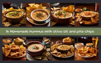 Homemade hummus with olive oil and pita chips