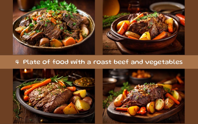 Plate of food with a roast beef and vegetables Background