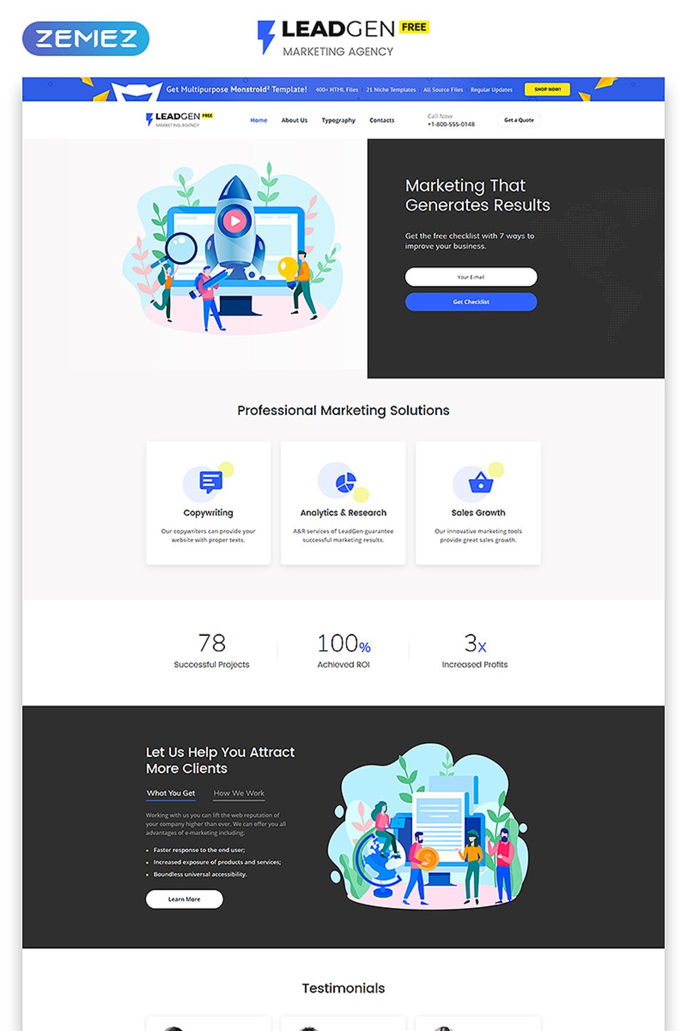 Website Vorlage namens "Kostenlose responsive HTML5 Vorlage für eine Marketingagentur" #51695 - Screenshot