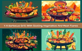 A Barbecue Grill With Sizzling Vegetables And Meat Flames