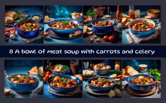 A bowl of meat soup with carrots and celery