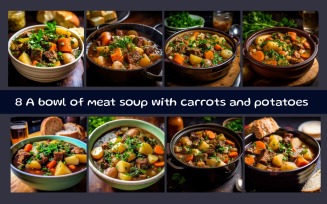 A bowl of meat soup with carrots and potatoes