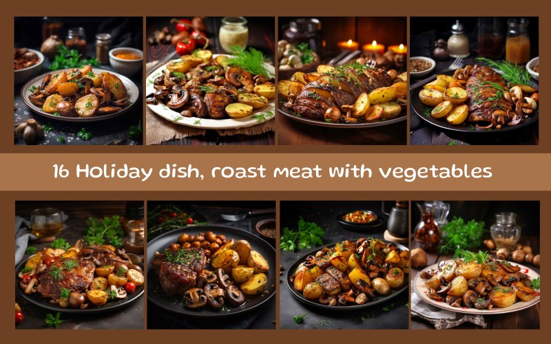 Holiday dish, roast meat with vegetables Background