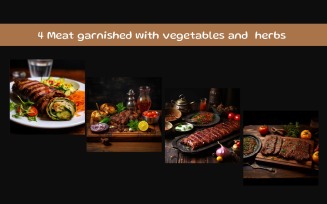 Meat garnished with vegetables and herbs
