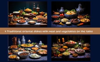 Traditional oriental dishes with meat vegetables and spices on the table