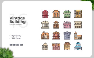16 Vintage Building Colored Icons Set