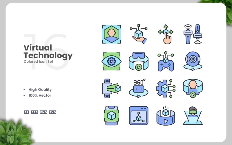 16 Virtual Technology Colored Icons Set Icon Set