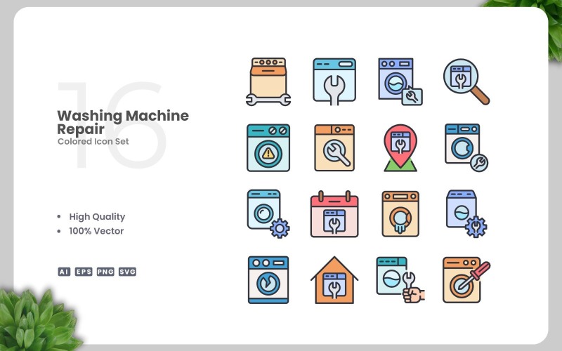 16 Washing Machine Repair Colored Icons Set Icon Set