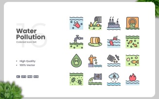 16 Water Pollution Colored Icons Set