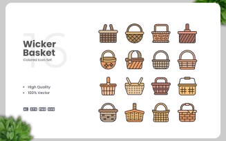 16 Wicker Basket Colored Icons Set