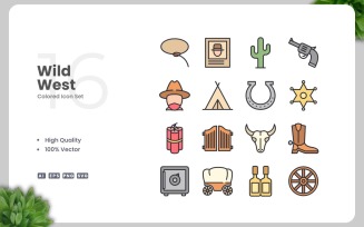 16 Wild West Colored Icons Set