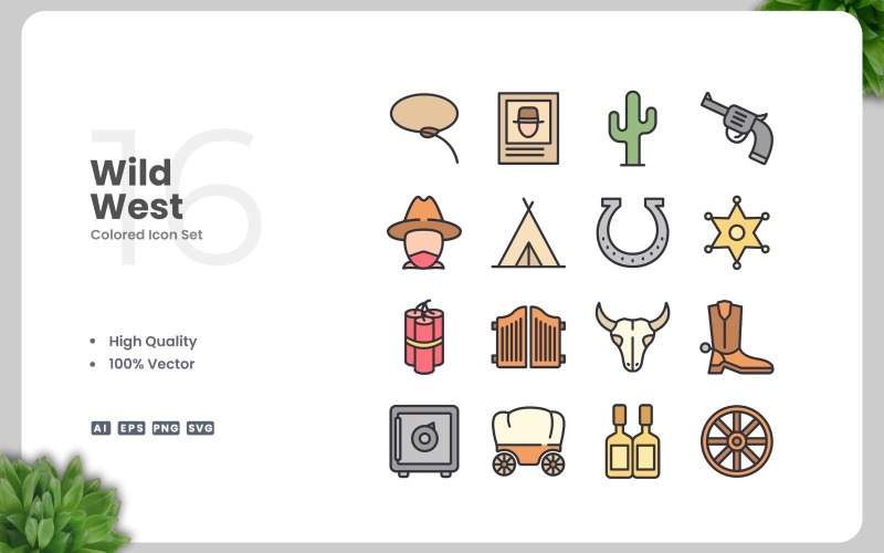 16 Wild West Colored Icons Set Icon Set