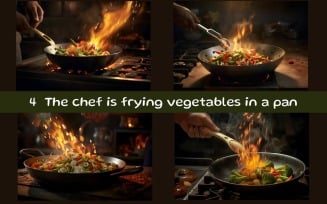 The chef is frying vegetables in a pan