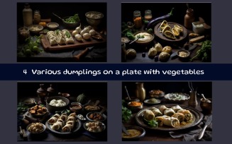 Various dumplings on a plate with vegetables