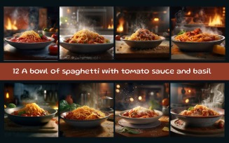 A bowl of spaghetti with tomato sauce and basil