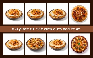 A plate of rice with nuts and fruit